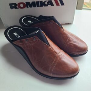 Romika Mokassetta Shoes Women's Size 41 Leather Brown Studded Mules NEW